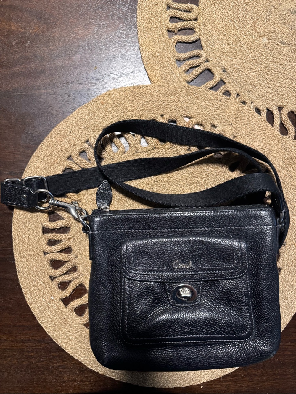 Coach Black Pebbled Leather Turnlock Crossbody Swingpack Bag